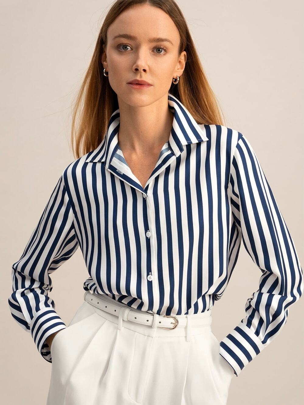 Lilysilk Blue&White Amalfi Stripe Silk Button Up Shirt Sz.S NWT